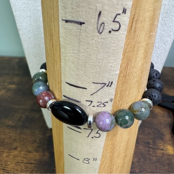 Lava Rock and Green Agate Beaded Stretch Bracelet with Black Stone Boho Chic - Picture 8 of 9